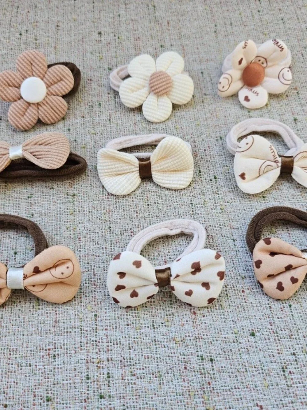 Girl Hair Ties Brown/Tan/Beige Tone Hair Accessories Flower Bow Style set of 9